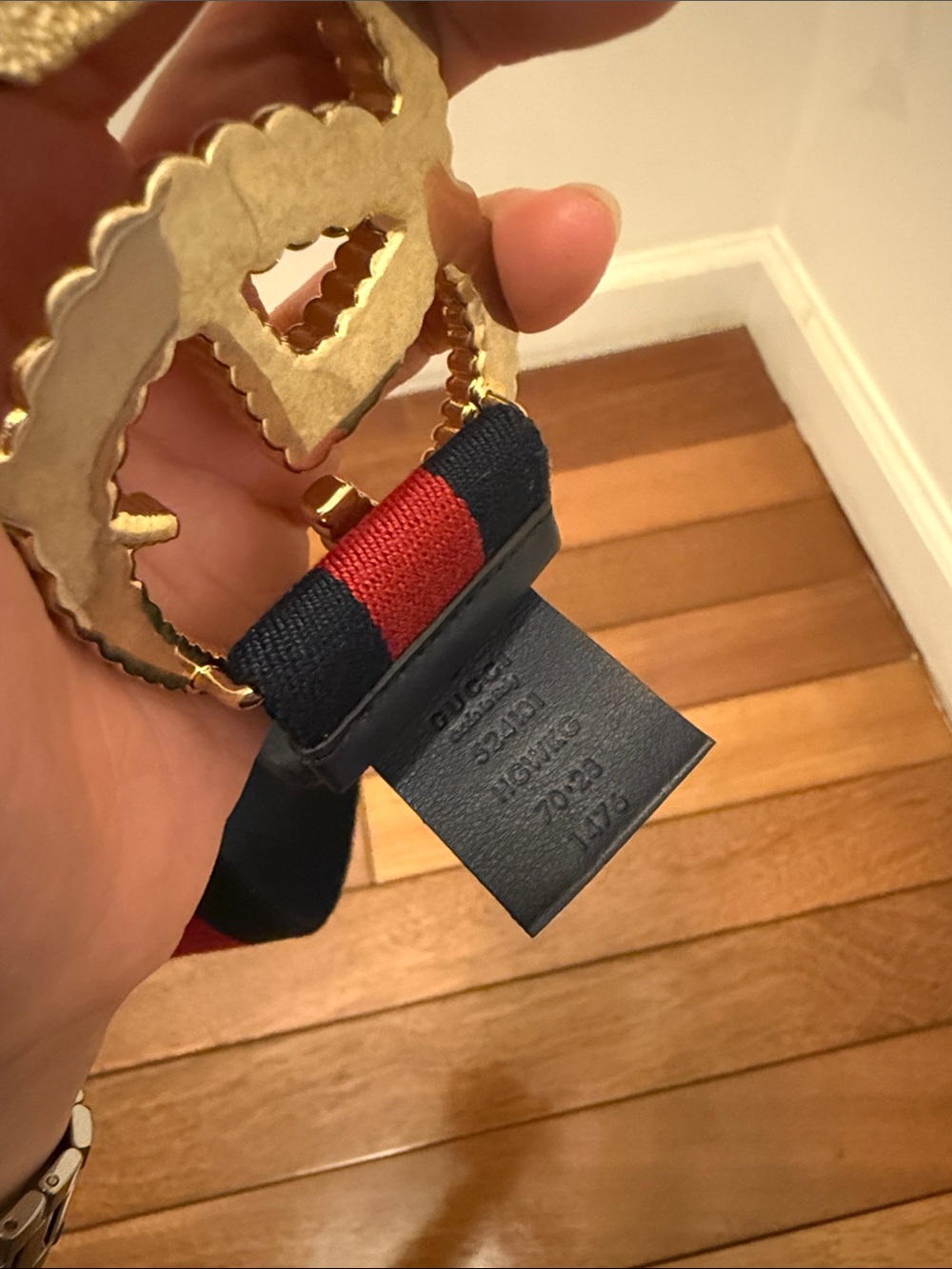 Gucci Navy and Red Elastic Belt with Gold Double G Buckle - Picture 6 of 7